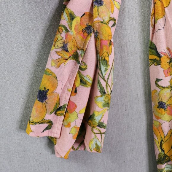 Free People Tegan Mini Dress 12 Pink Orange Floral Long Bell Sleeve V-Neck Pleat - Picture 12 of 16
